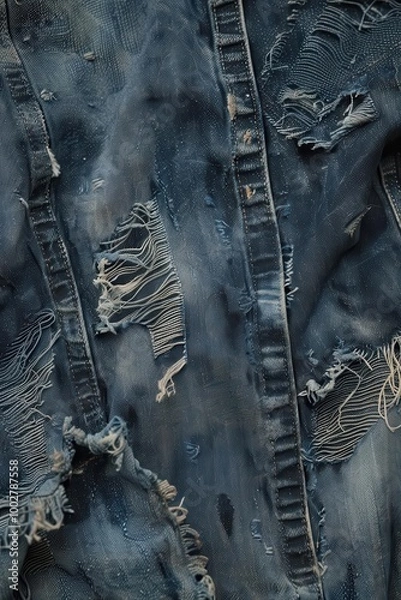 Obraz A detailed image of worn denim fabric with visible stitching, faded areas, and frayed edges, capturing the casual, rugged texture, vintage fashion