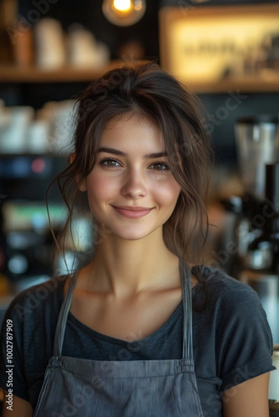 Obraz A warm welcome at the coffee shop featuring a smiling barista ready to serve with enthusiasm in a cozy atmosphere