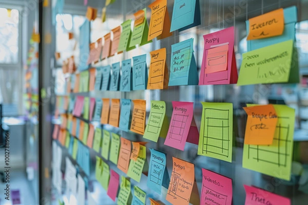 Fototapeta A board with post-it notes reporting work progress sits on a table in a modern office.