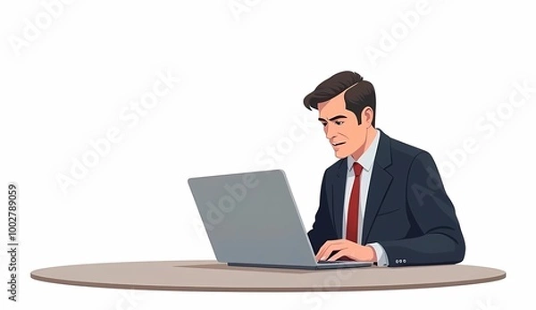 Fototapeta Illustration of a businessman sitting facing a laptop on a white background. Generate AI