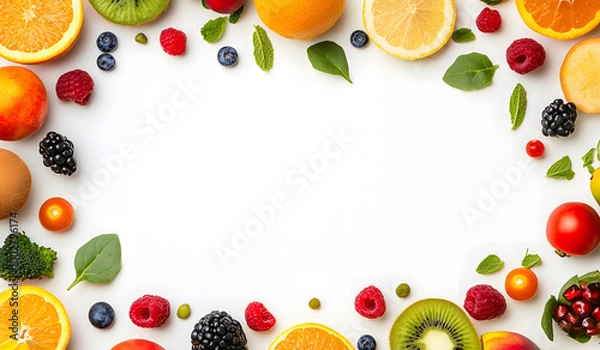 Obraz Colorful Fresh Fruits and Vegetables Border on a White Background