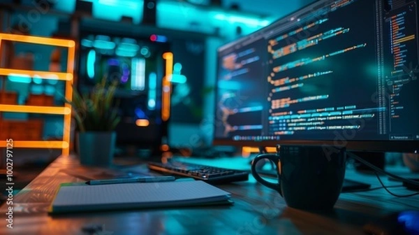 Obraz A Modern Workspace With Glowing Monitors and Code Displayed During a Late-Night Programming Session