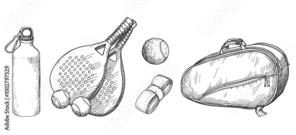 Fototapeta Vector seamless pattern with pickleball equipment. Pattern with balls and rackets, sports bag and bottle in sketch style.