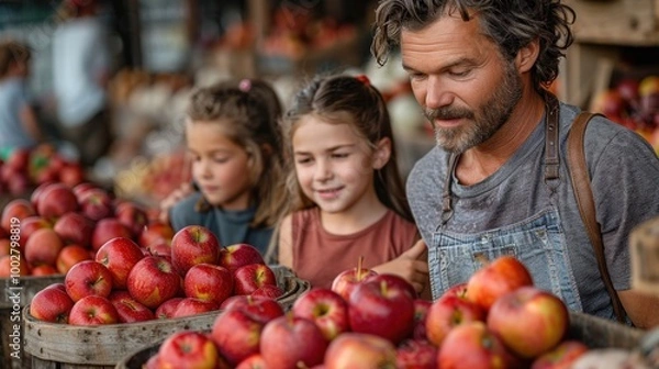 Fototapeta A family with children picking out organic apples from a bushel basket at a farmers' market, with apple orchards in the background
