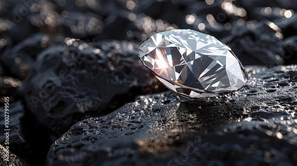 Fototapeta A stunning diamond rests upon dark, textured rock, showcasing its brilliance and clarity against a contrasting background.