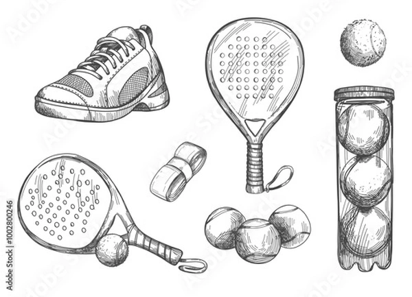 Fototapeta Vector seamless pattern with pickleball equipment. Pattern with balls and rackets, sports bottle and sneakers in sketch style.