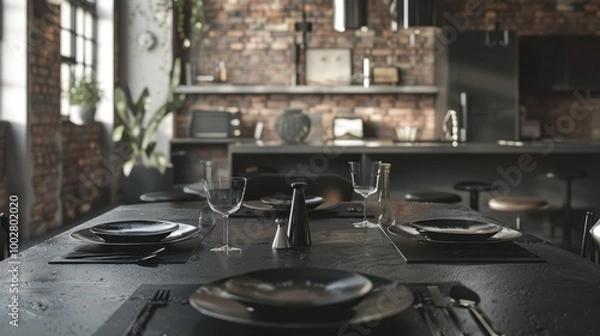 Obraz Modern Industrial Kitchen with Elegant Table Setting