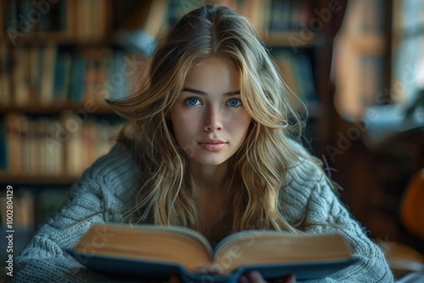 Fototapeta A woman deeply focused on reading a book at her table, embracing the concept of distance learning.