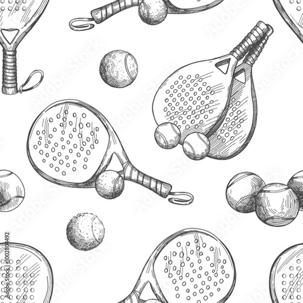 Fototapeta Vector seamless pattern with pickleball equipment. Pattern with balls and rackets in sketch style.