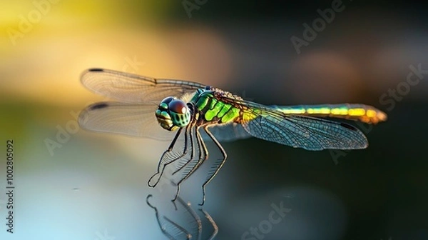 Fototapeta Colorful dragonfly perched on a reflective surface, vibrant and detailed capture.