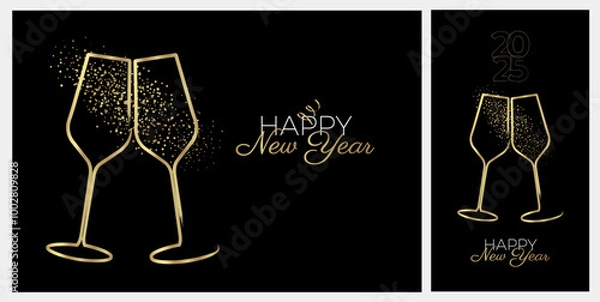 Obraz Hand drawn illustration of champagne glasses, bubbles and streamers. Design for event celebration, anniversary, New Year, congratulation. Vector.