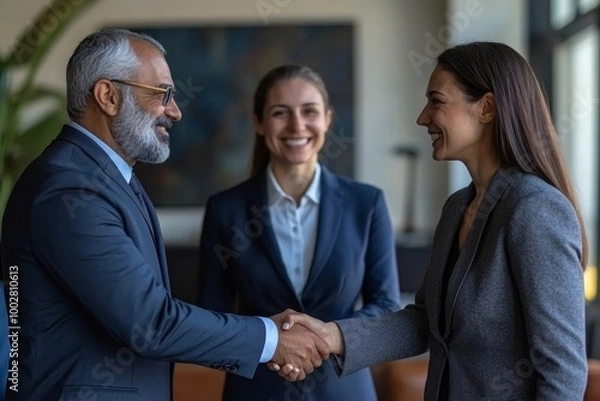 Fototapeta Group of diverse business people shaking hands, finishing up a deal or meeting. Businessman and businesswoman in formal suits handshake and congrats together at, Generative AI