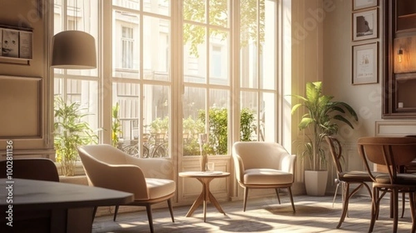 Fototapeta Chic cafe interior featuring comfortable armchairs, a cozy couch, a lamp, and large clear windows.
