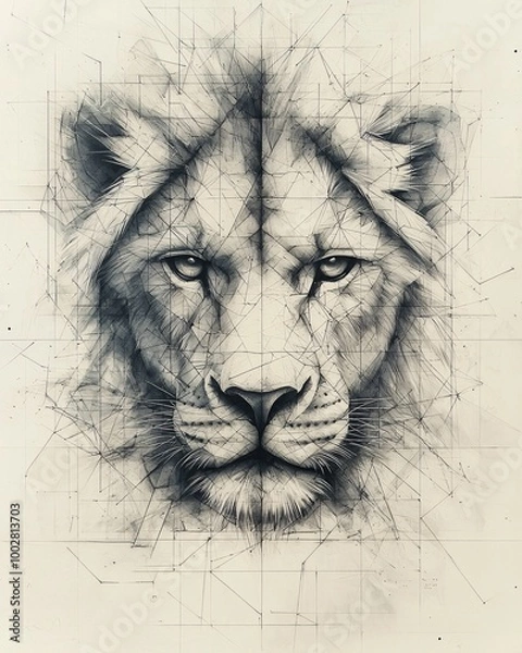 Fototapeta Geometric Leo zodiac sign tattoo design, with a stylized lion head created from triangles, lines and polygons