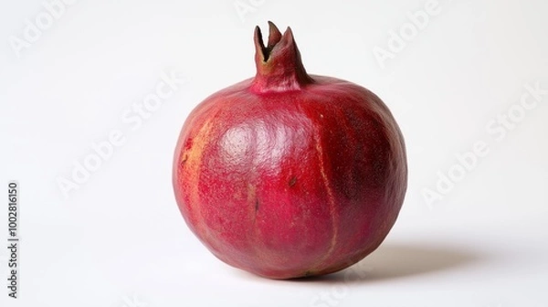 Fototapeta A red fruit with a green stem. The fruit is round and shiny. It is a pomegranate