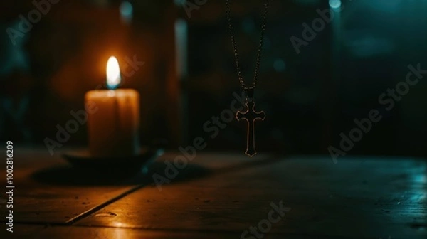 Fototapeta Candlelight Reflection with a Cross Necklace