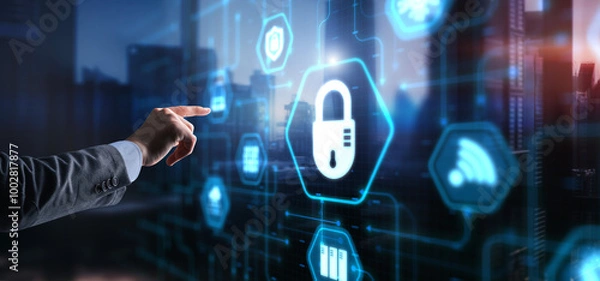 Fototapeta Lock Cyber Security on Virtual Screen Data Protection Technology Privacy concept