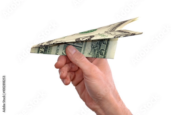 Obraz Hand hold one dollar bill air plane isolated on transparent layered background.