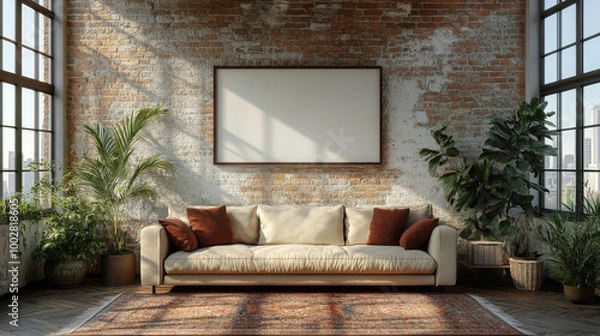 Fototapeta A large, empty frame hangs above a beige sofa in a modern living room.