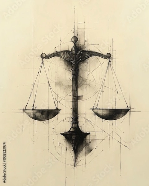 Fototapeta Abstract geometric Libra zodiac tattoo design, with balanced scales made of symmetrical lines and shapes
