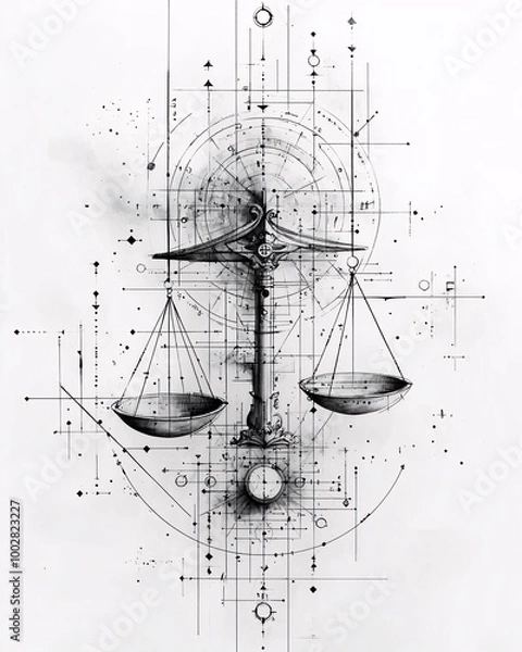 Fototapeta Abstract geometric Libra zodiac tattoo design, with balanced scales made of symmetrical lines and shapes