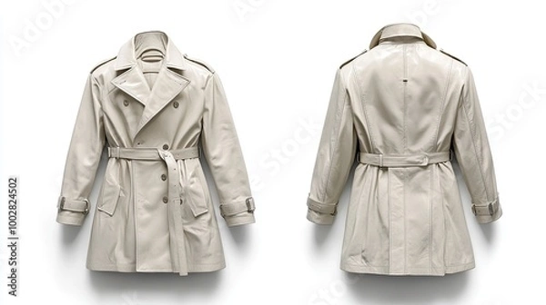 Fototapeta White Leather Trench Coat, Front and Back View Isolated On White Background. Mock-up Design Template. 3d Illustration. Generate Ai Image