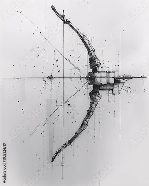 Fototapeta Abstract geometric Sagittarius zodiac sign tattoo design with archery bow and arrow made of clean lines and geometric shapes
