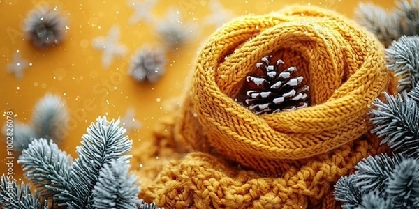 Obraz Wintery Golden Knit Scarf With Pine Cone