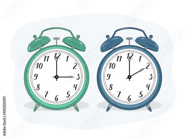 Fototapeta Illustration of two alarm clocks. The green one symbolizes summer, the blue one winter. Time adjustment symbol. Moving the hands backward from 3:00 to 2:00. Standard time and daylight saving time.
