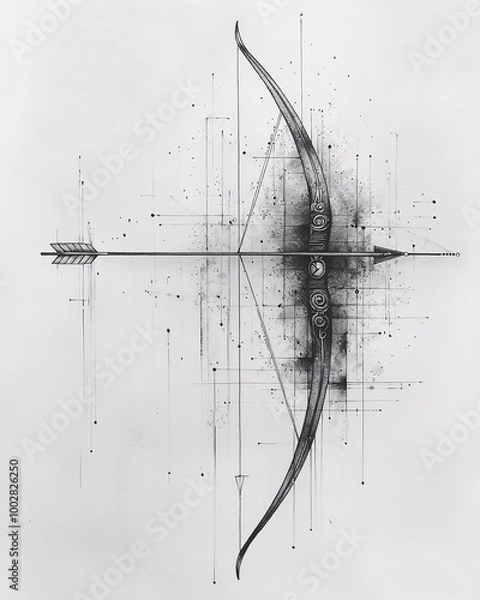Fototapeta Abstract geometric Sagittarius zodiac sign tattoo design with archery bow and arrow made of clean lines and geometric shapes