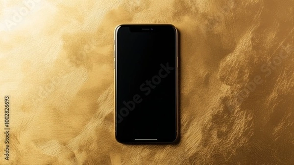 Fototapeta A smartphone lying on a golden textured surface in a well-lit room during daylight hours