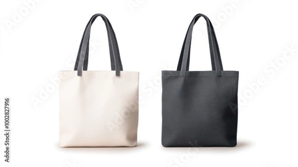 Fototapeta Two elegant tote bags, one in white and one in black, featuring textured fabric and sturdy handles, perfect for stylish everyday use.