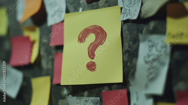 Fototapeta A bright yellow sticky note displays a red question mark among other notes, representing curiosity, inquiry, and problem-solving in a thoughtful workspace.