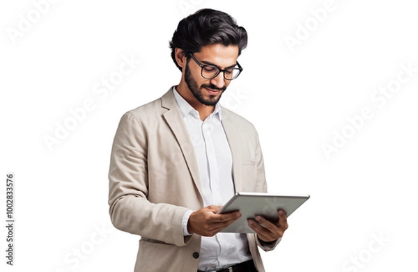 Fototapeta Handsome businessman using a tablet and working, isolated on transparent background