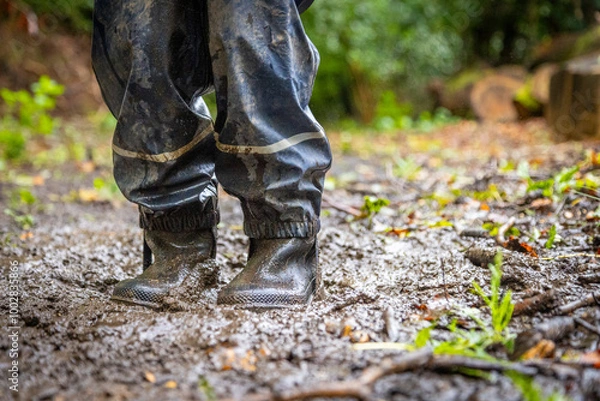 Fototapeta Child in welly boots, jump, jumping in mud.