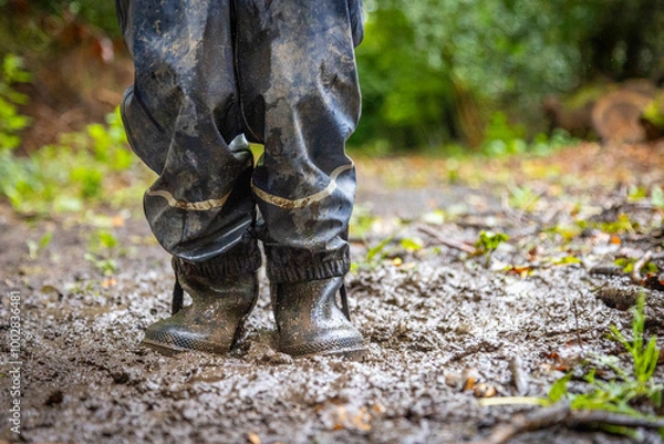 Obraz Child in welly boots, jump, jumping in mud.