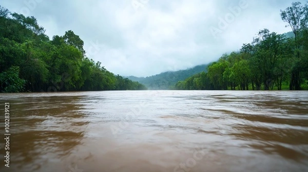 Fototapeta Monsoon flood sweeping through tropical jungle, trees bending under pressure, wideangle shot, overcast, muddy waters
