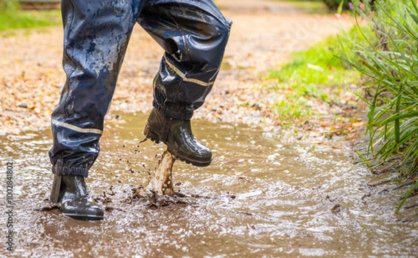 Obraz Child in welly boots, jump, jumping in mud.