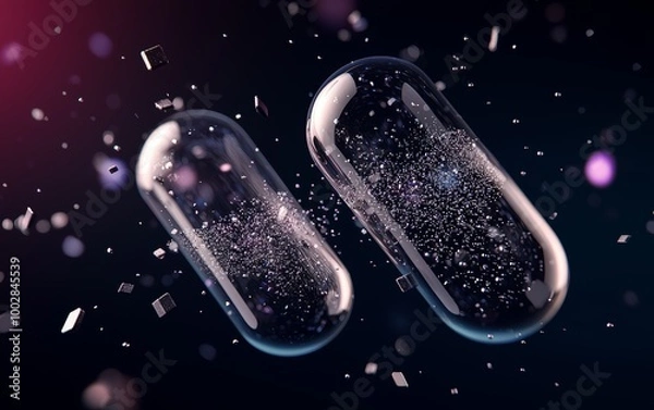 Fototapeta A split capsule with one side showing a mechanical interior, and the other side dissolving into digital particles