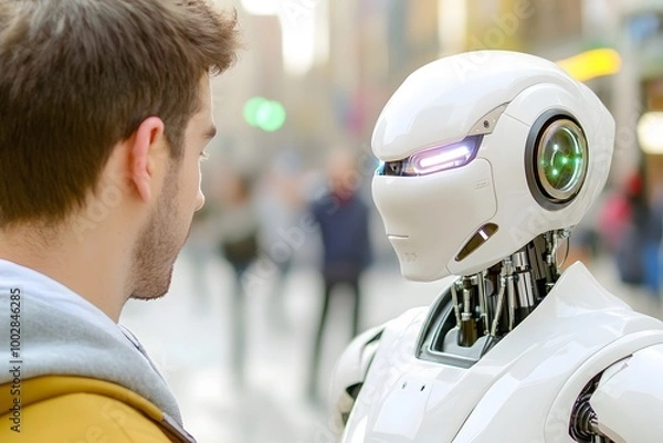 Fototapeta A man and a white humanoid robot looking at each other on the streets