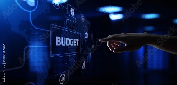 Fototapeta Budget Budgeting Financial management accounting business concept. Hand pressing button on screen.