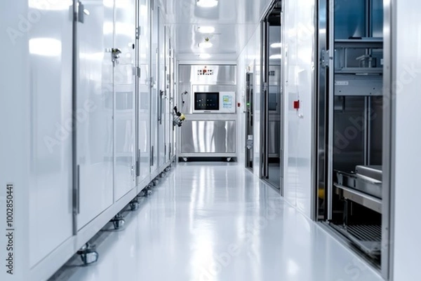 Fototapeta Futuristic industrial machine in a pristine cleanroom, surrounded by white walls and sterile conditions, representing high-precision tech production