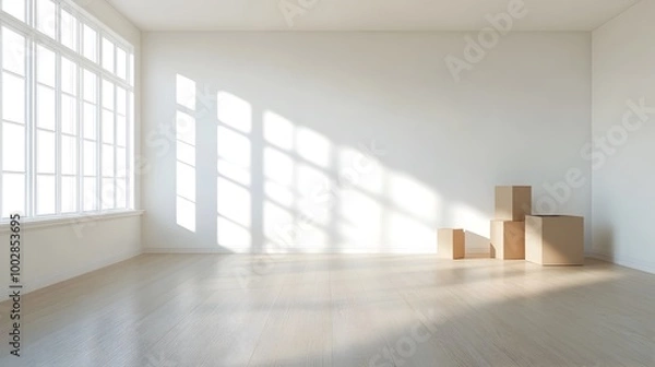 Fototapeta Minimal and serene empty living room with sunlight casting long shadows through the windows creating a peaceful and contemplative atmosphere