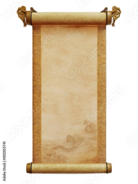 Fototapeta Elegant Chinese Scroll with Silk Accents on Parchment