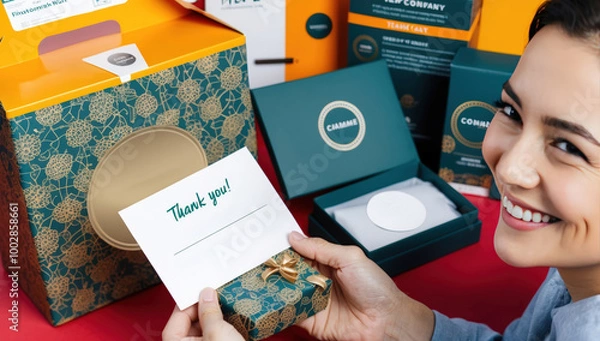 Fototapeta collection of bespoke packaging materials, including intricately patterned boxes and a “Thank you!” card