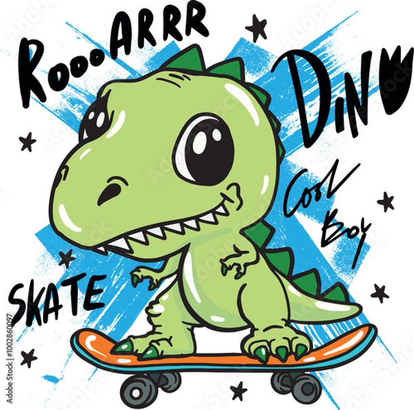 Fototapeta  dinosaur on skateboard. Typography print for kids  . Original design with t-rex, dinosaur. print for T-shirts, textiles, wrapping paper, web. 