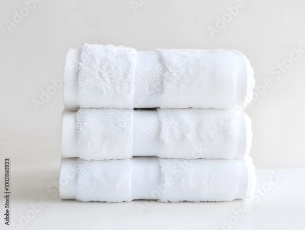 Fototapeta Stack of Soft White Fluffy Towels on Minimalist Background