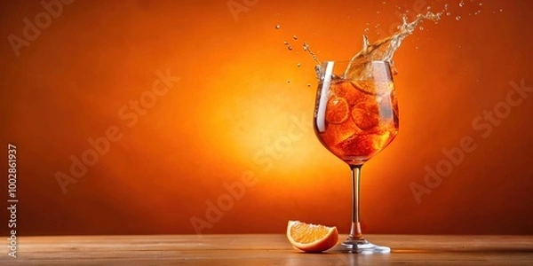 Fototapeta A glass of Aperol Spritz with splashes on an orange background