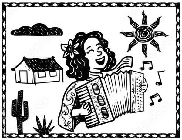 Fototapeta Accordion player in a bucolic setting. Woodcut style and popular literature from the Brazilian Northeast. Separate vectors.