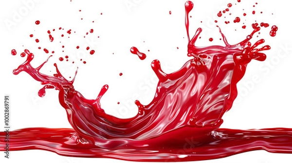 Fototapeta Red berry jam splash with small bubbly fruit syrup, fruity strawberry sauce, red juice swirl. Isolated on transparent background. PNG